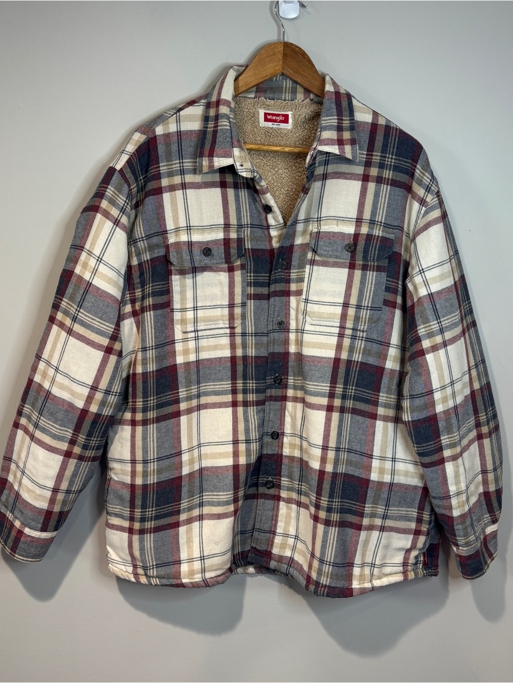 Wrangler Men’s Cream Burgundy Sherpa Lined Plaid Flannel Shacket Shirt Jacket XL